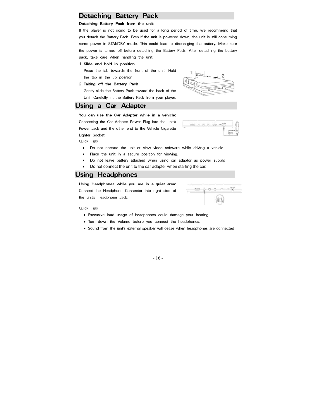 Polaroid PDV-077PT operation manual Detaching Battery Pack, Using a Car Adapter, Using Headphones 