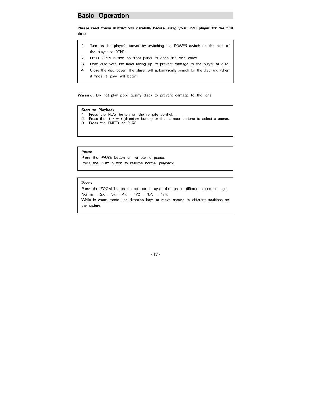 Polaroid PDV-077PT operation manual Basic Operation, Start to Playback, Pause, Zoom 