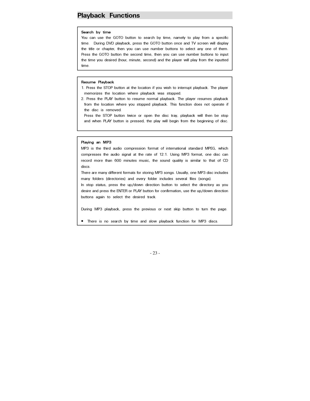 Polaroid PDV-077PT operation manual Playback Functions, Search by time, Resume Playback, Playing an MP3 