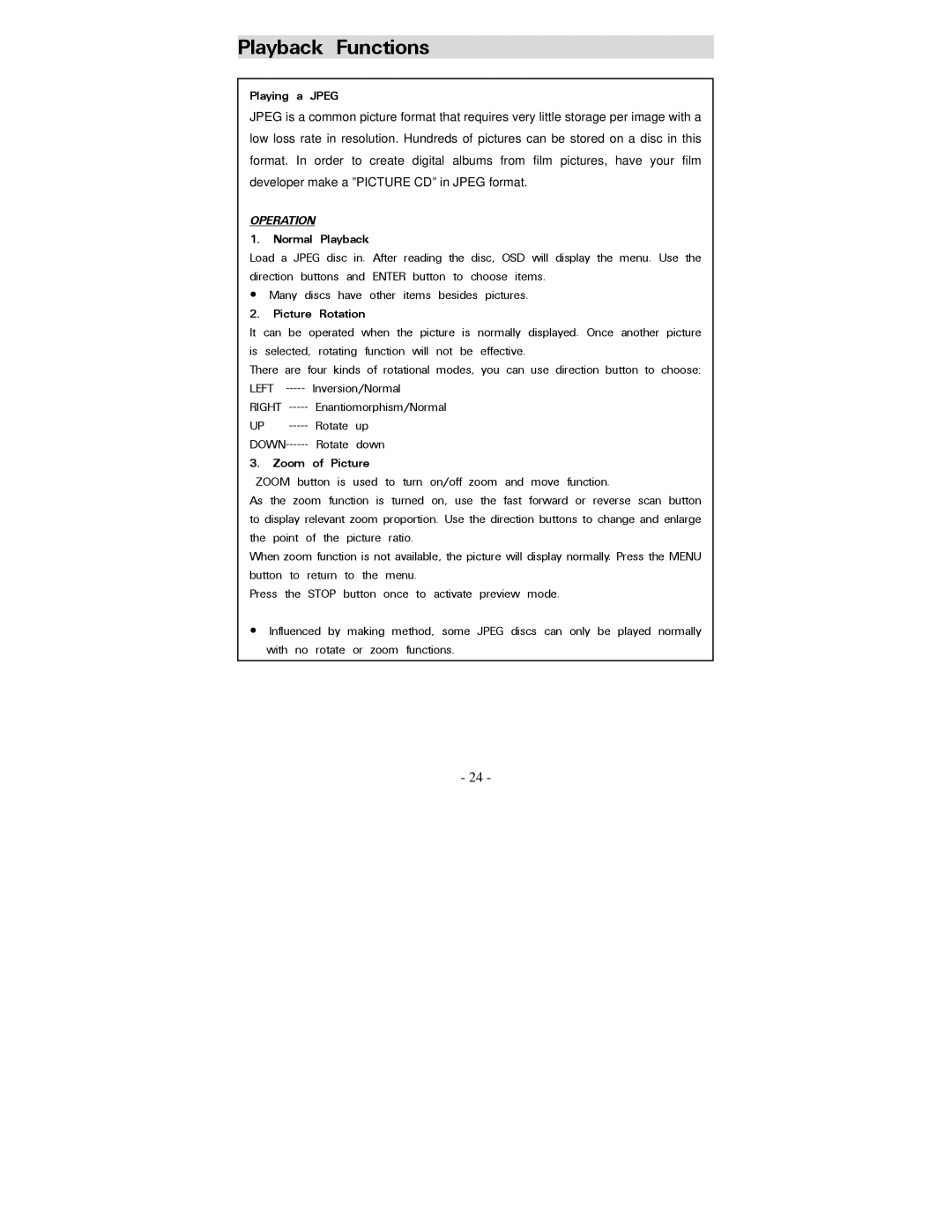 Polaroid PDV-077PT operation manual Playing a Jpeg, Normal Playback, Picture Rotation, Zoom of Picture 