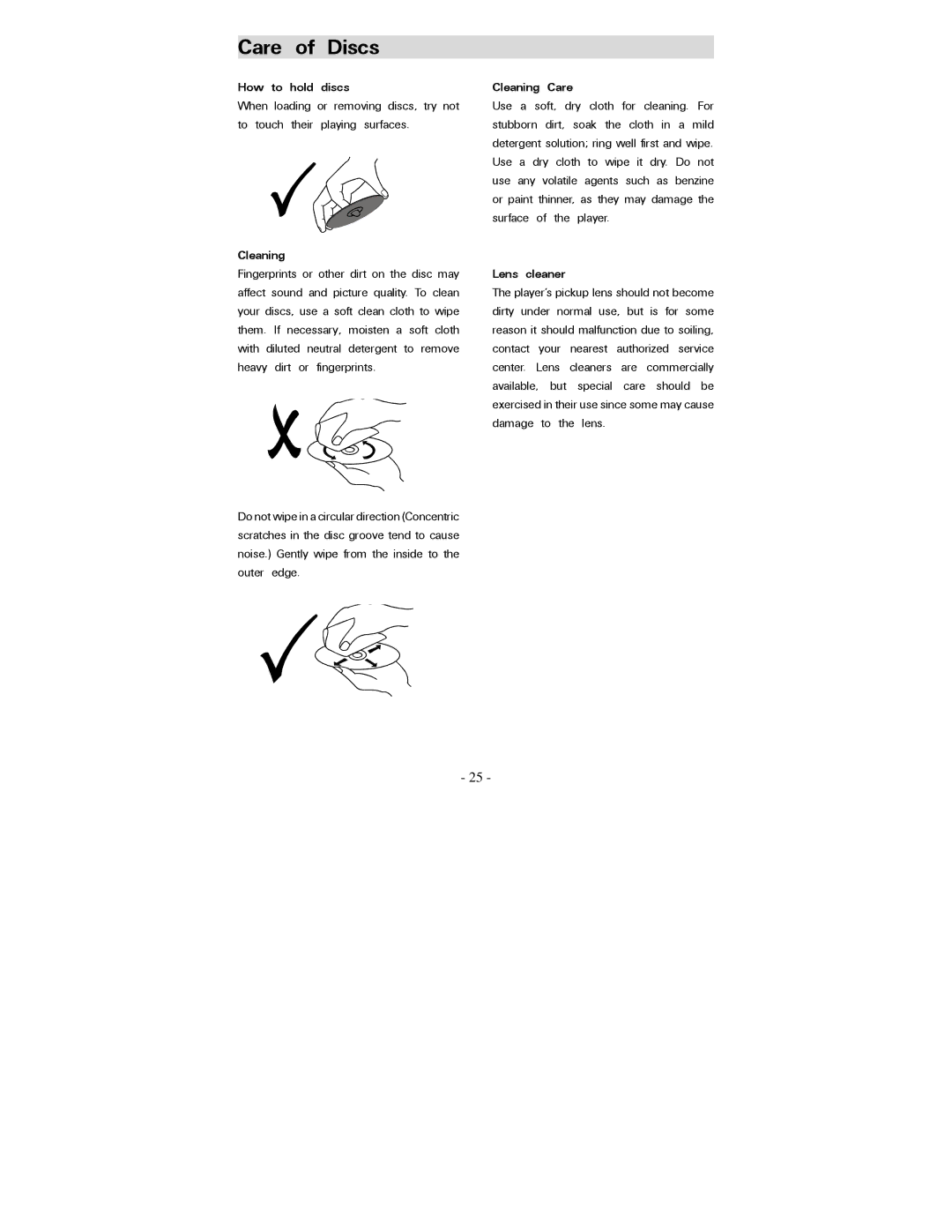 Polaroid PDV-077PT operation manual Care of Discs, How to hold discs, Cleaning Care, Lens cleaner 