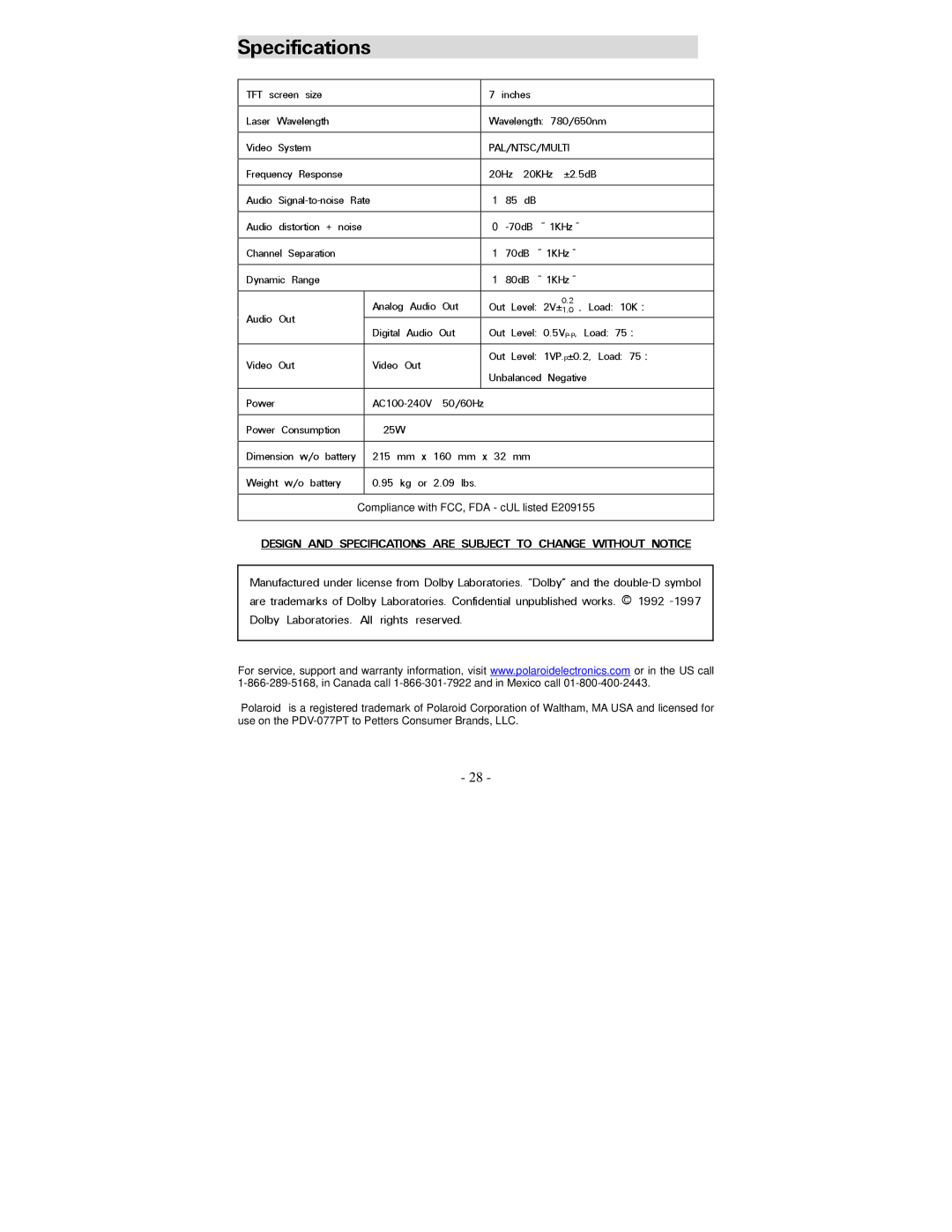 Polaroid PDV-077PT operation manual Specifications, Pal/Ntsc/Multi 