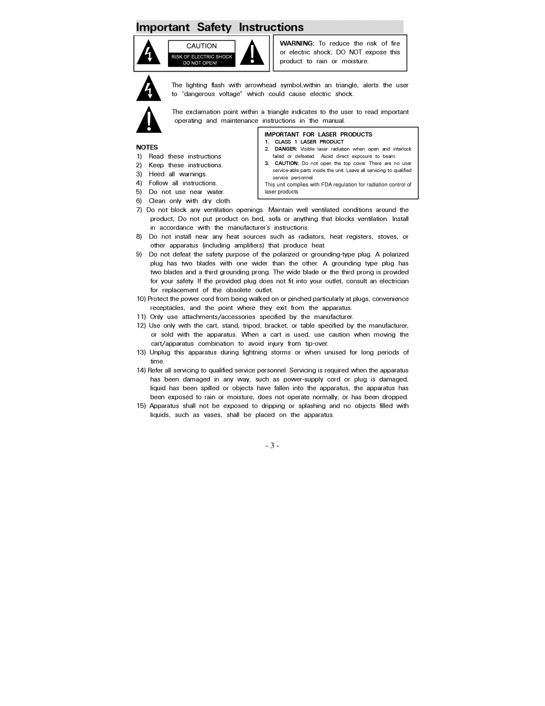 Polaroid PDV-077PT operation manual Important Safety Instructions, Instructions Heed All 