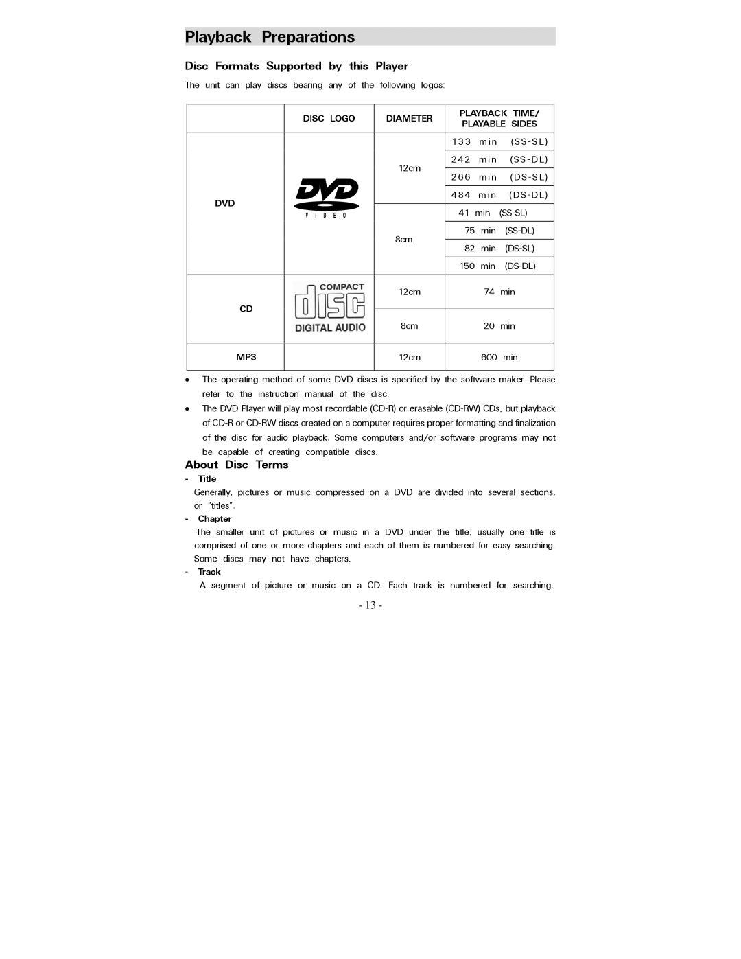 Polaroid PDV-0800 operation manual Disc Formats Supported by this Player, About Disc Terms, Title, Chapter, Track 