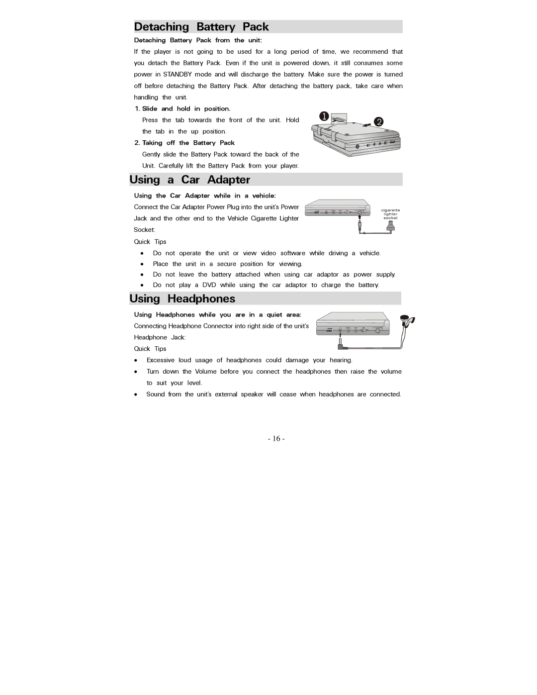 Polaroid PDV-0800 operation manual Detaching Battery Pack, Using a Car Adapter, Using Headphones 