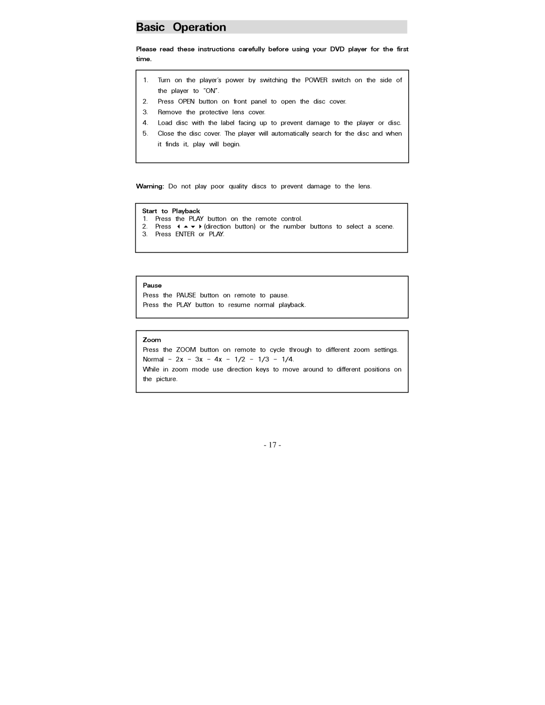 Polaroid PDV-0800 operation manual Basic Operation, Start to Playback, Pause, Zoom 