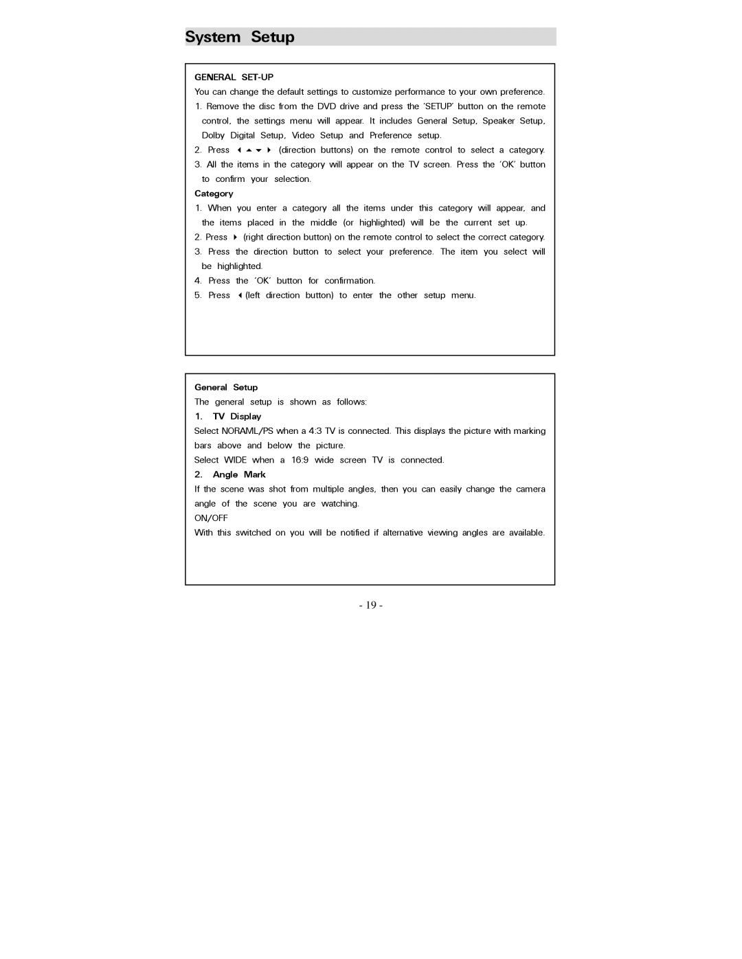 Polaroid PDV-0800 operation manual System Setup, Category, General Setup, TV Display, Angle Mark 