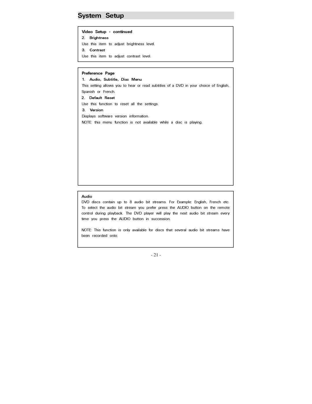 Polaroid PDV-0800 Video Setup Brightness, Contrast, Preference Audio, Subtitle, Disc Menu, Default Reset, Version 