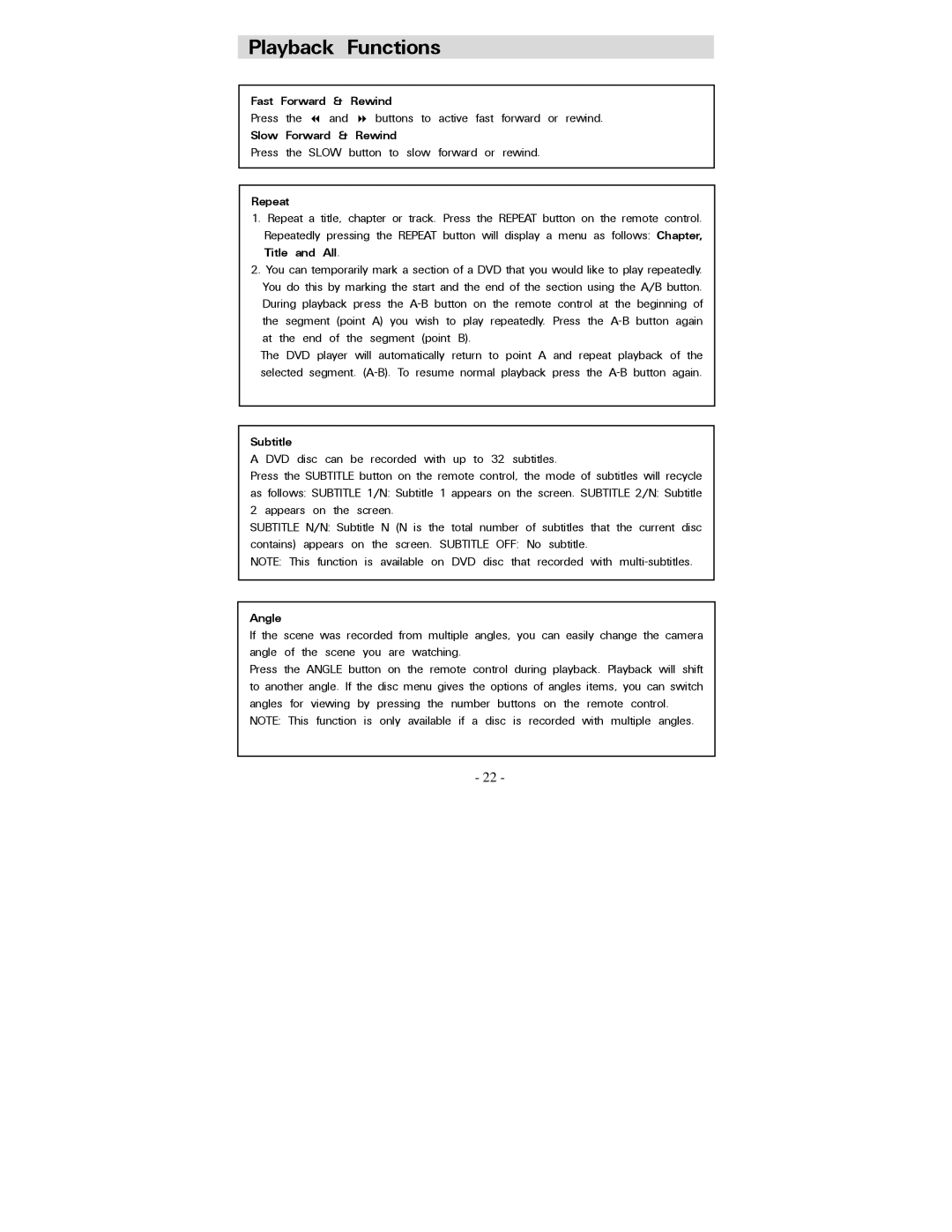 Polaroid PDV-0800 operation manual Playback Functions, Fast Forward Rewind, Repeat, Subtitle, Angle 