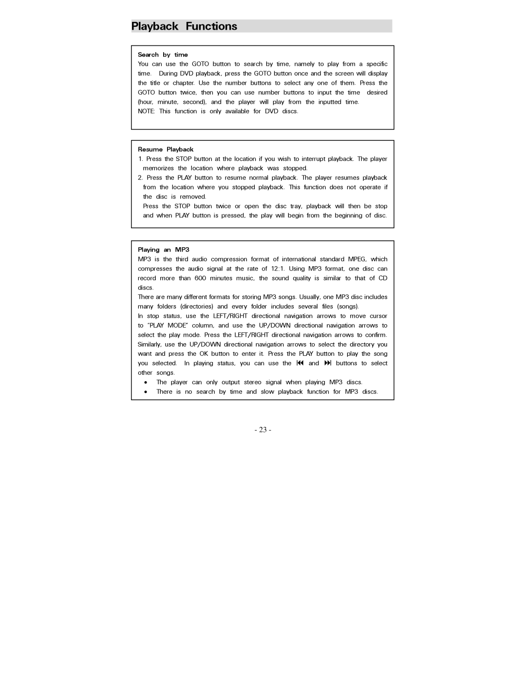 Polaroid PDV-0800 operation manual Search by time, Resume Playback, Playing an MP3 