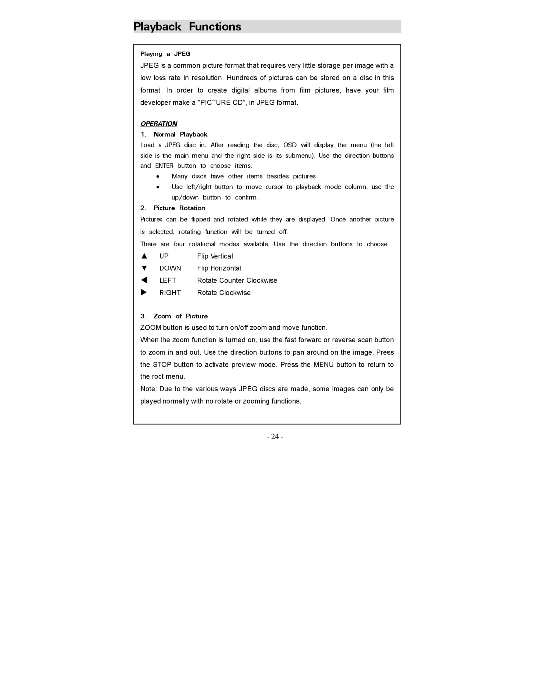 Polaroid PDV-0800 operation manual Playing a Jpeg, Normal Playback, Picture Rotation, Zoom of Picture 