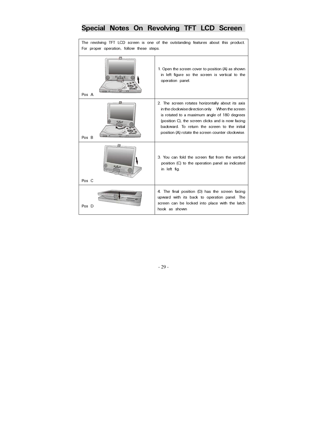 Polaroid PDV-0800 operation manual Special Notes On Revolving TFT LCD Screen 