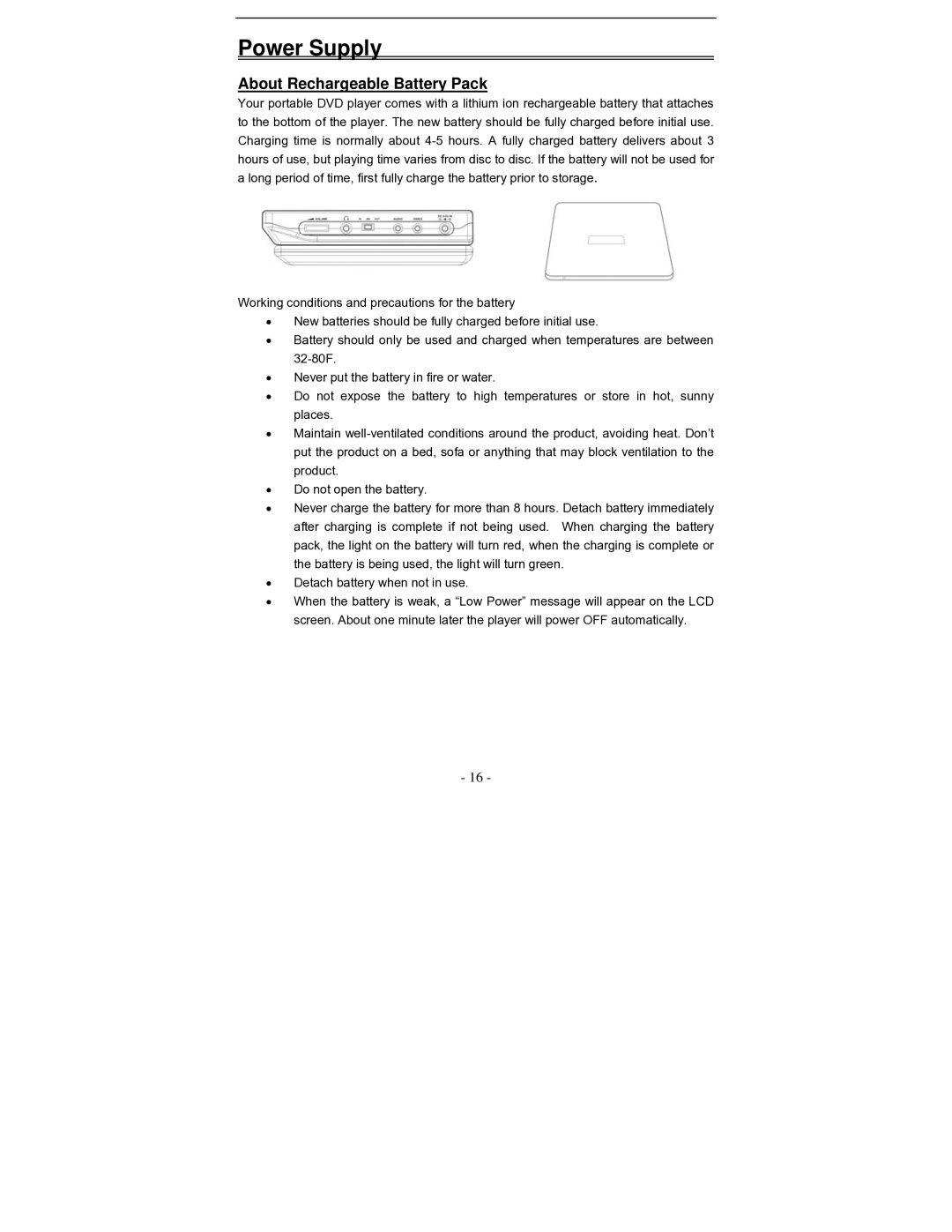 Polaroid PDV-0801A operation manual Power Supply, About Rechargeable Battery Pack 