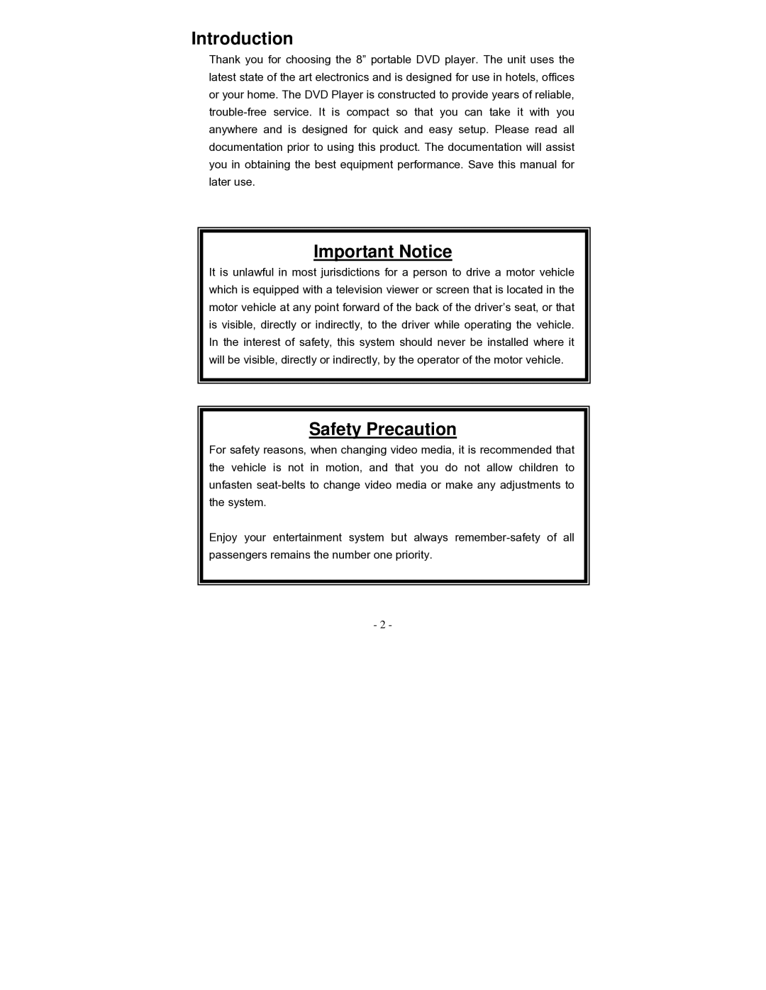 Polaroid PDV-0801A operation manual Introduction, Important Notice, Safety Precaution 