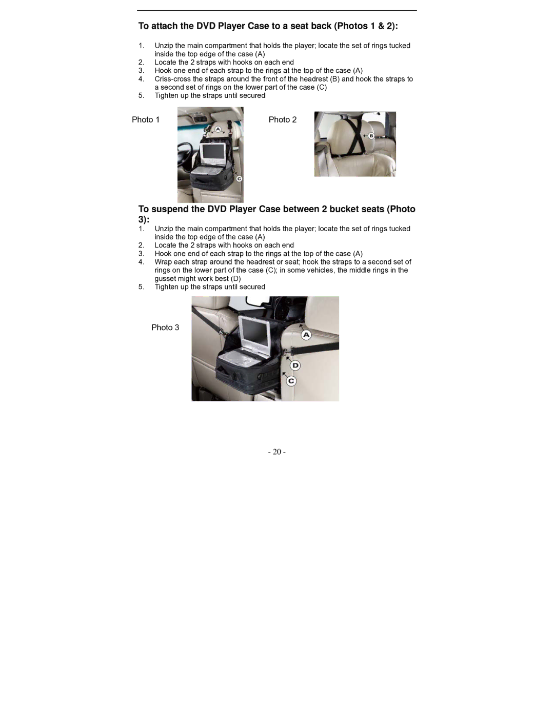 Polaroid PDV-0801A operation manual To attach the DVD Player Case to a seat back Photos 1 