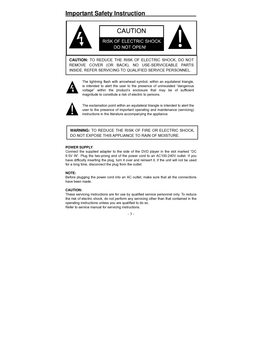 Polaroid PDV-0801A operation manual Important Safety Instruction, Power Supply 