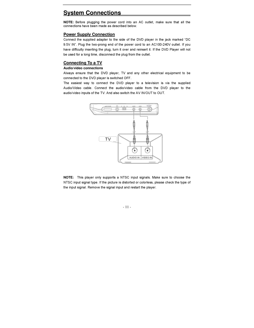 Polaroid PDV-0813A System Connections, Power Supply Connection, Connecting To a TV, Audio/video connections 