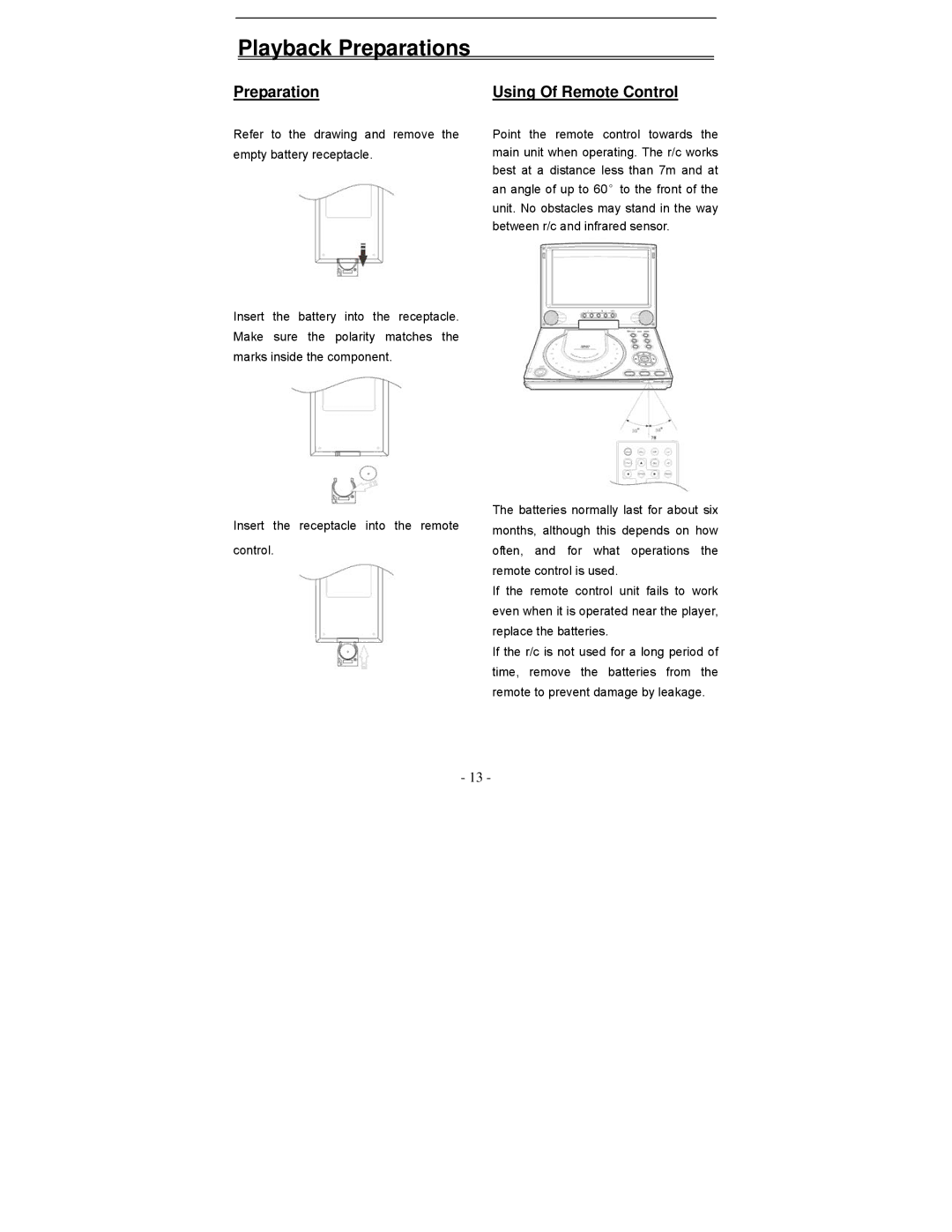 Polaroid PDV-0813A operation manual Playback Preparations, Using Of Remote Control 