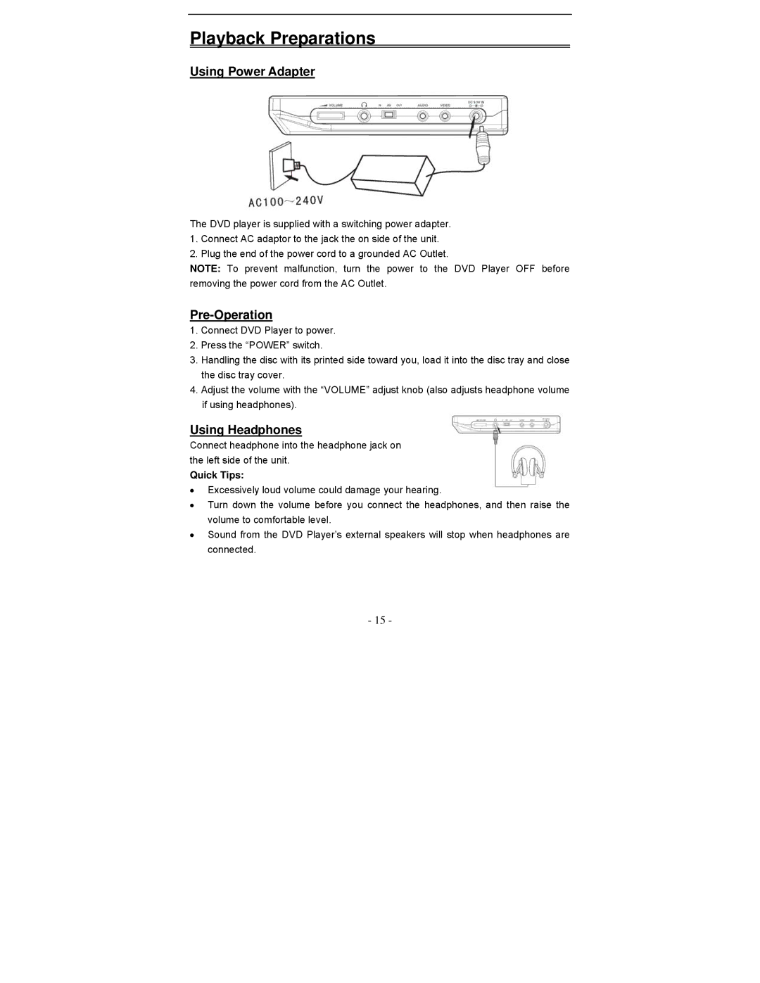 Polaroid PDV-0813A operation manual Using Power Adapter, Pre-Operation, Using Headphones, Quick Tips 