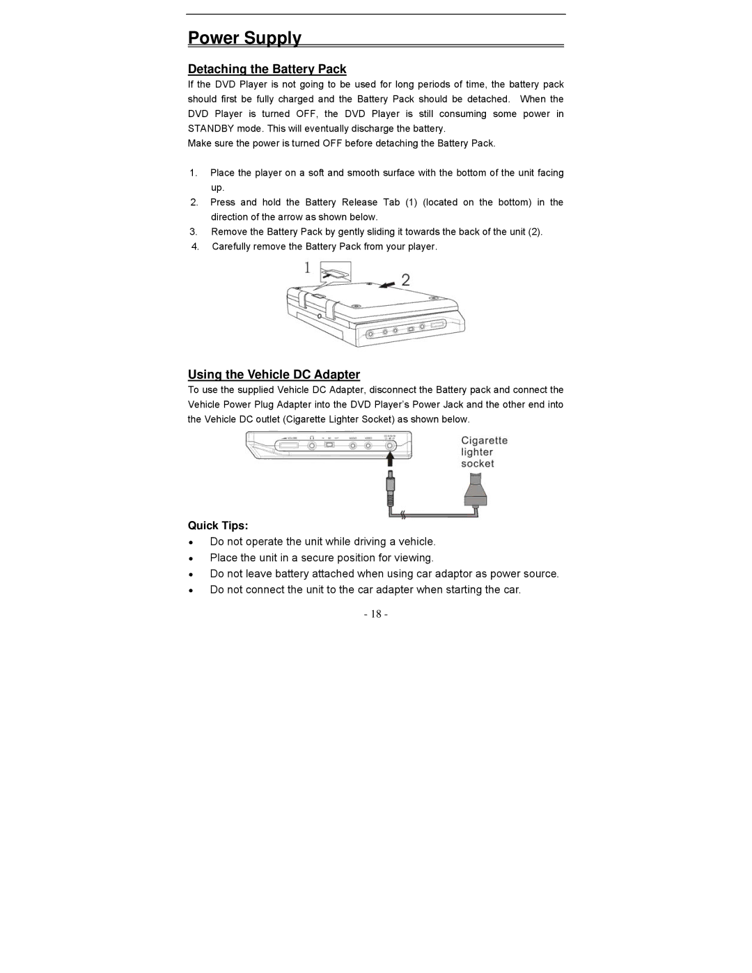 Polaroid PDV-0813A operation manual Detaching the Battery Pack, Using the Vehicle DC Adapter 