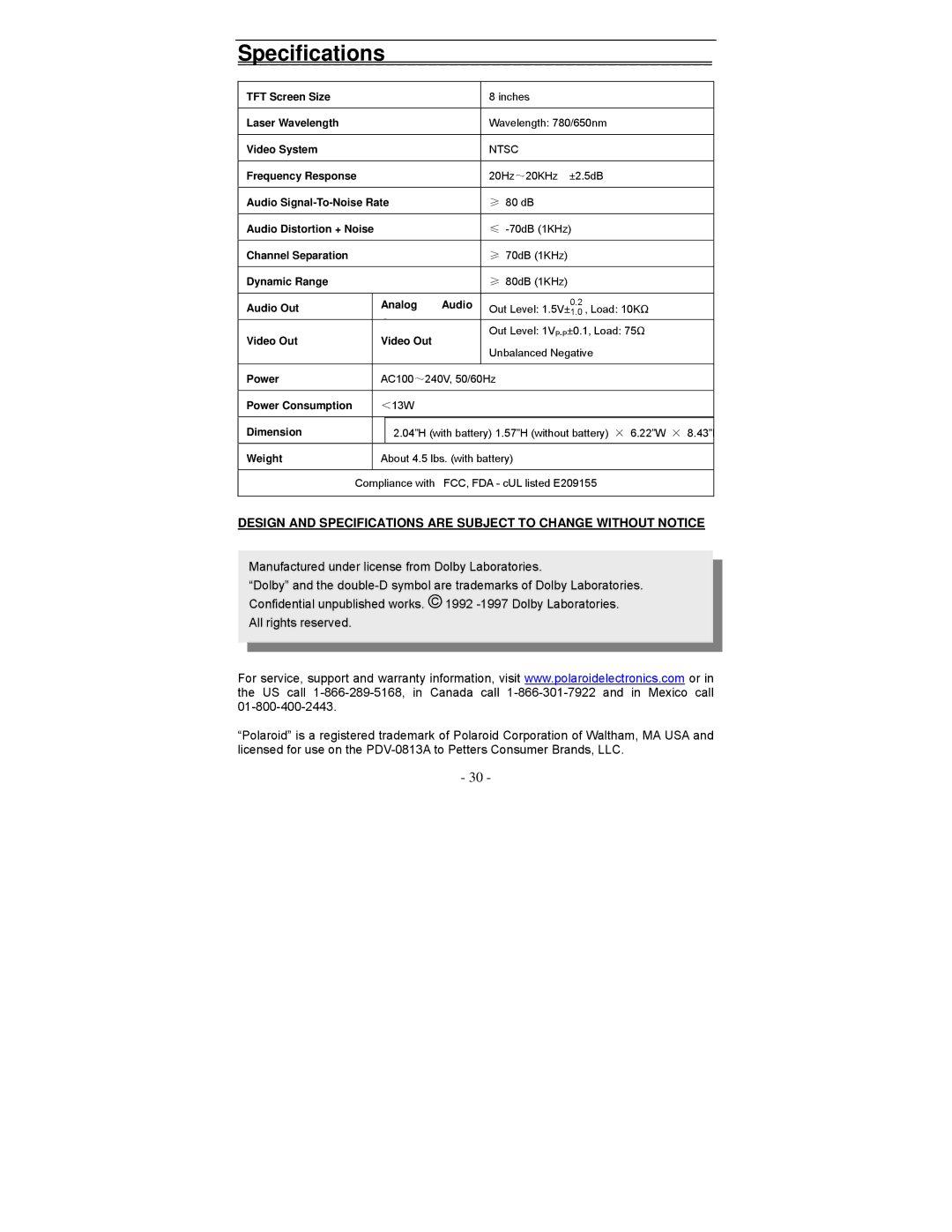 Polaroid PDV-0813A operation manual Specifications 