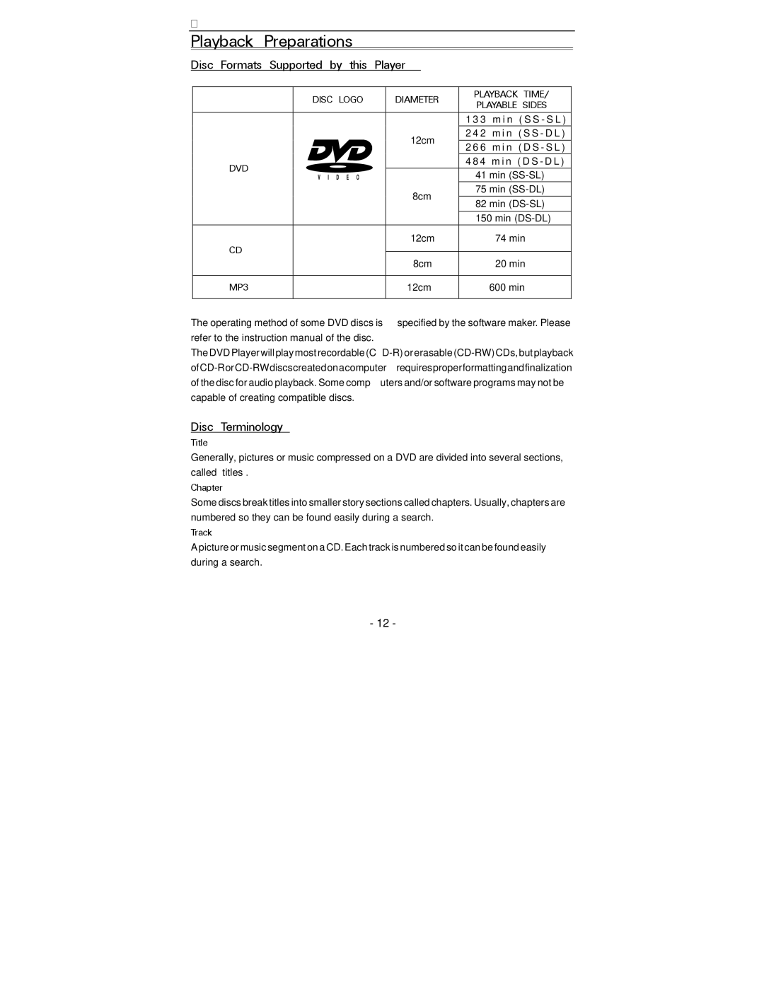 Polaroid PDV-0820T operation manual Disc Formats Supported by this Player, Disc Terminology, Title, Chapter, Track 