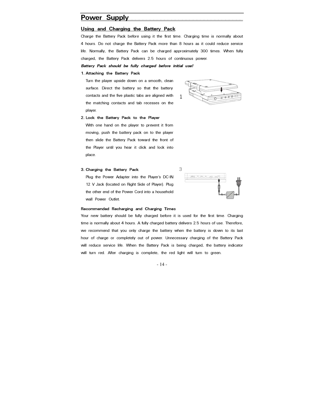 Polaroid PDV-0820T operation manual Power Supply, Using and Charging the Battery Pack 