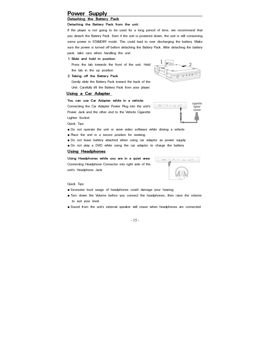 Polaroid PDV-0820T operation manual Using a Car Adapter, Using Headphones 