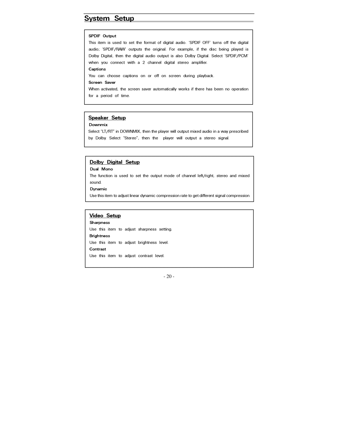 Polaroid PDV-0820T operation manual Speaker Setup, Dolby Digital Setup, Video Setup 