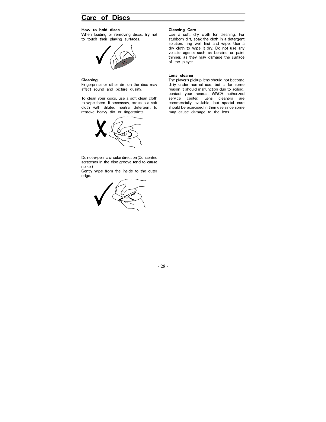 Polaroid PDV-0820T operation manual Care of Discs, How to hold discs, Cleaning Care, Lens cleaner 