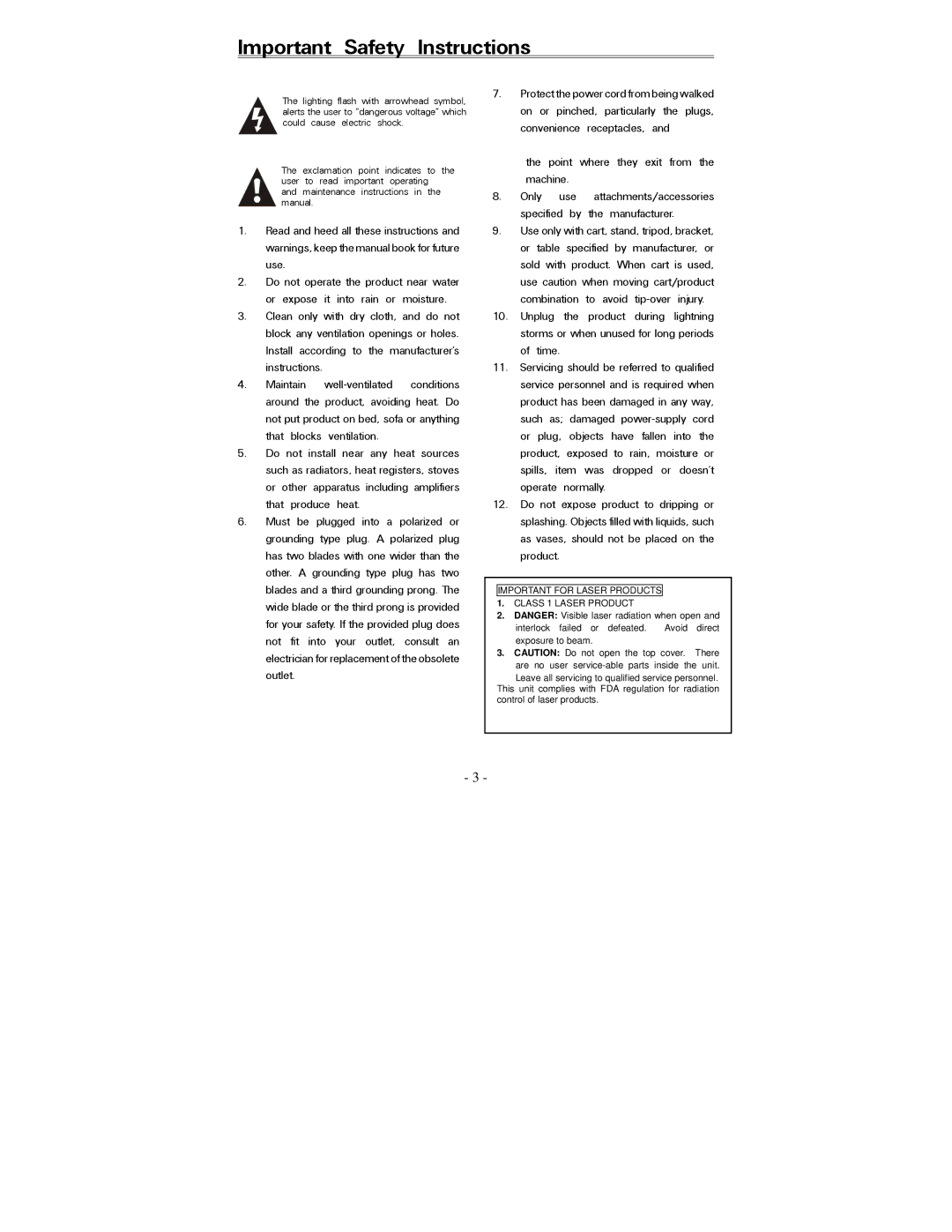 Polaroid PDV-0820T operation manual Important Safety Instructions, Important for Laser Products Class 1 Laser Product 