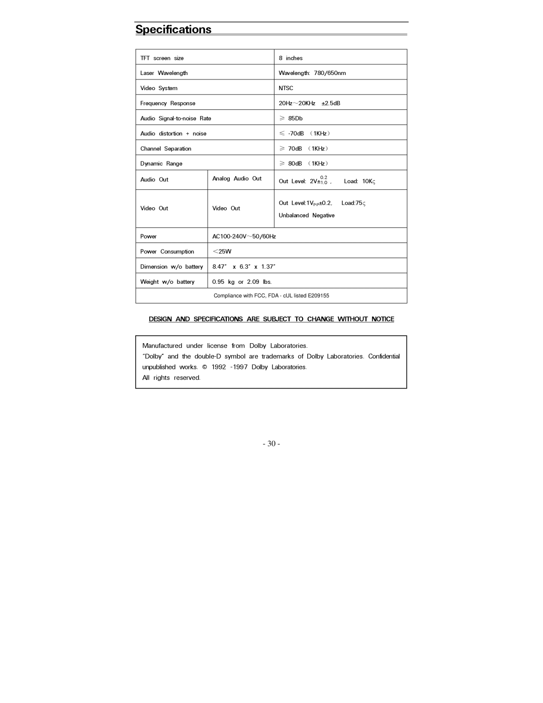 Polaroid PDV-0820T operation manual Specifications, Ntsc 