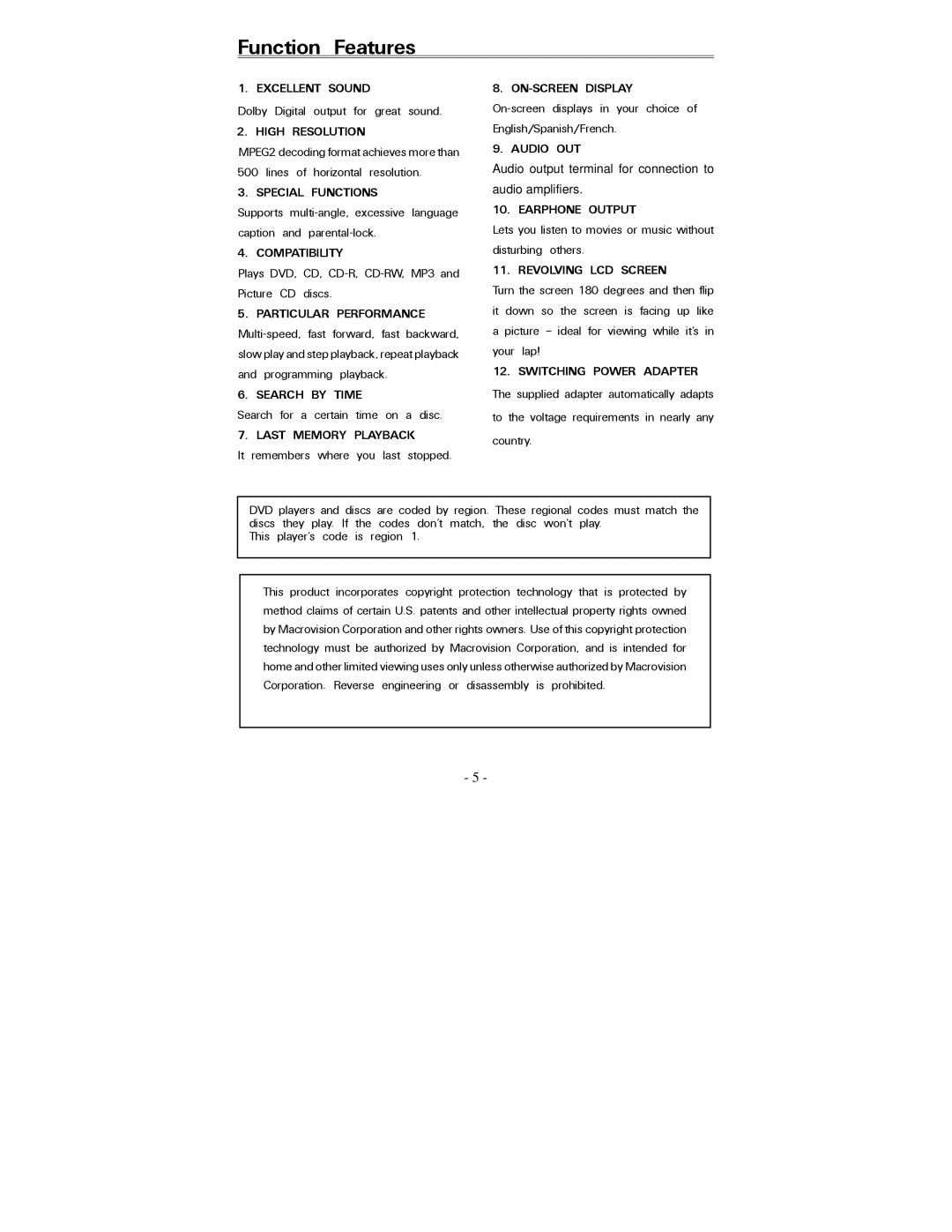 Polaroid PDV-0820T operation manual Function Features, Particular Performance 