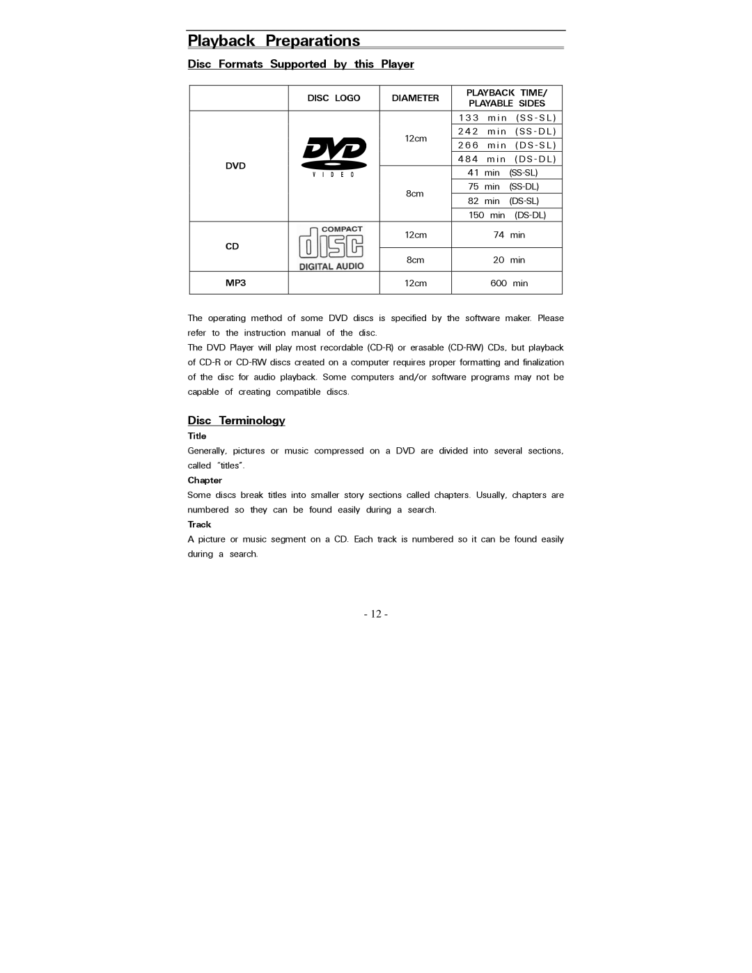 Polaroid PDV-0821T operation manual Disc Formats Supported by this Player, Disc Terminology, Title, Chapter, Track 