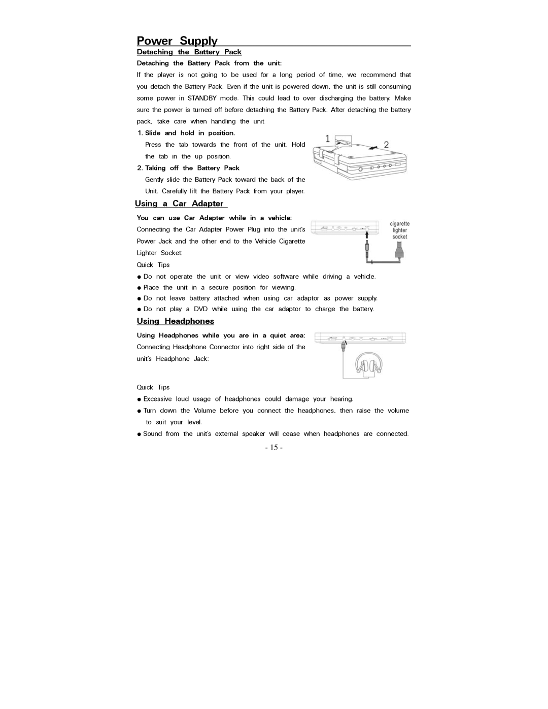 Polaroid PDV-0821T operation manual Using a Car Adapter, Using Headphones 