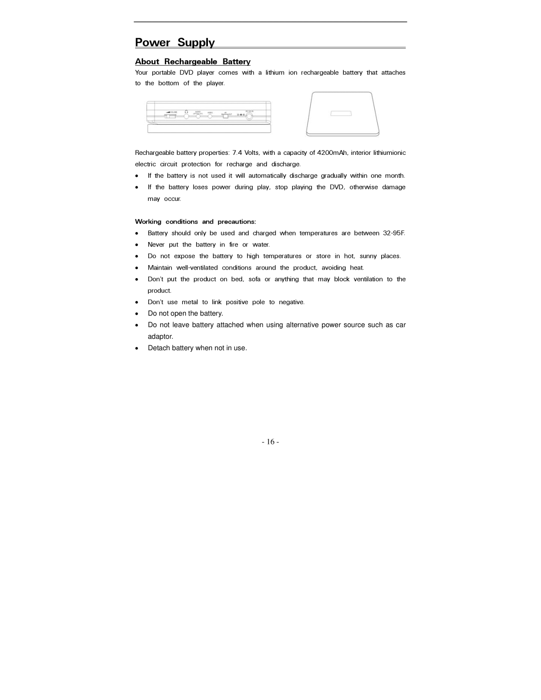 Polaroid PDV-0821T operation manual Power, Battery, Working conditions and precautions 