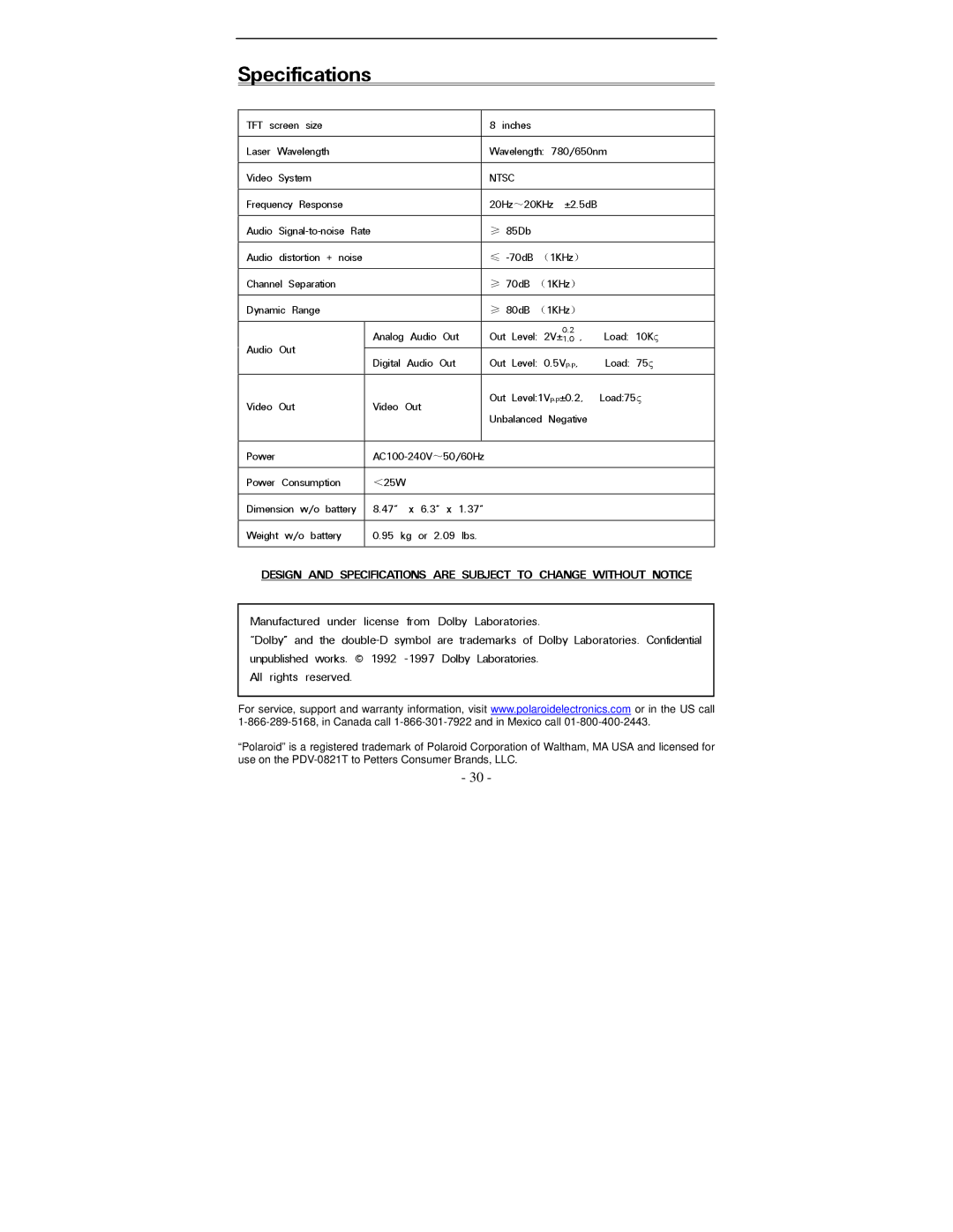 Polaroid PDV-0821T operation manual Specifications, Ntsc 