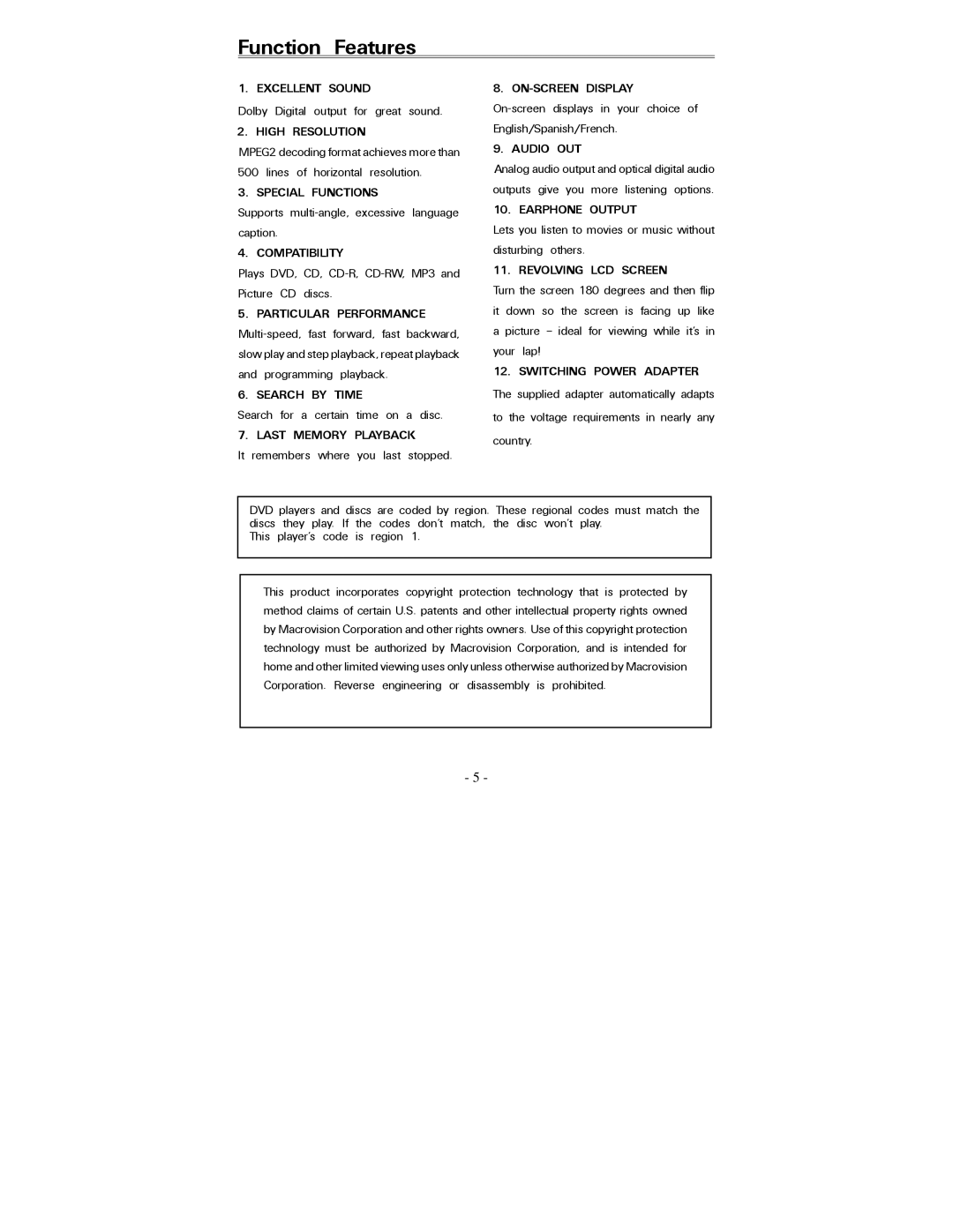 Polaroid PDV-0821T operation manual Function Features, Particular Performance 