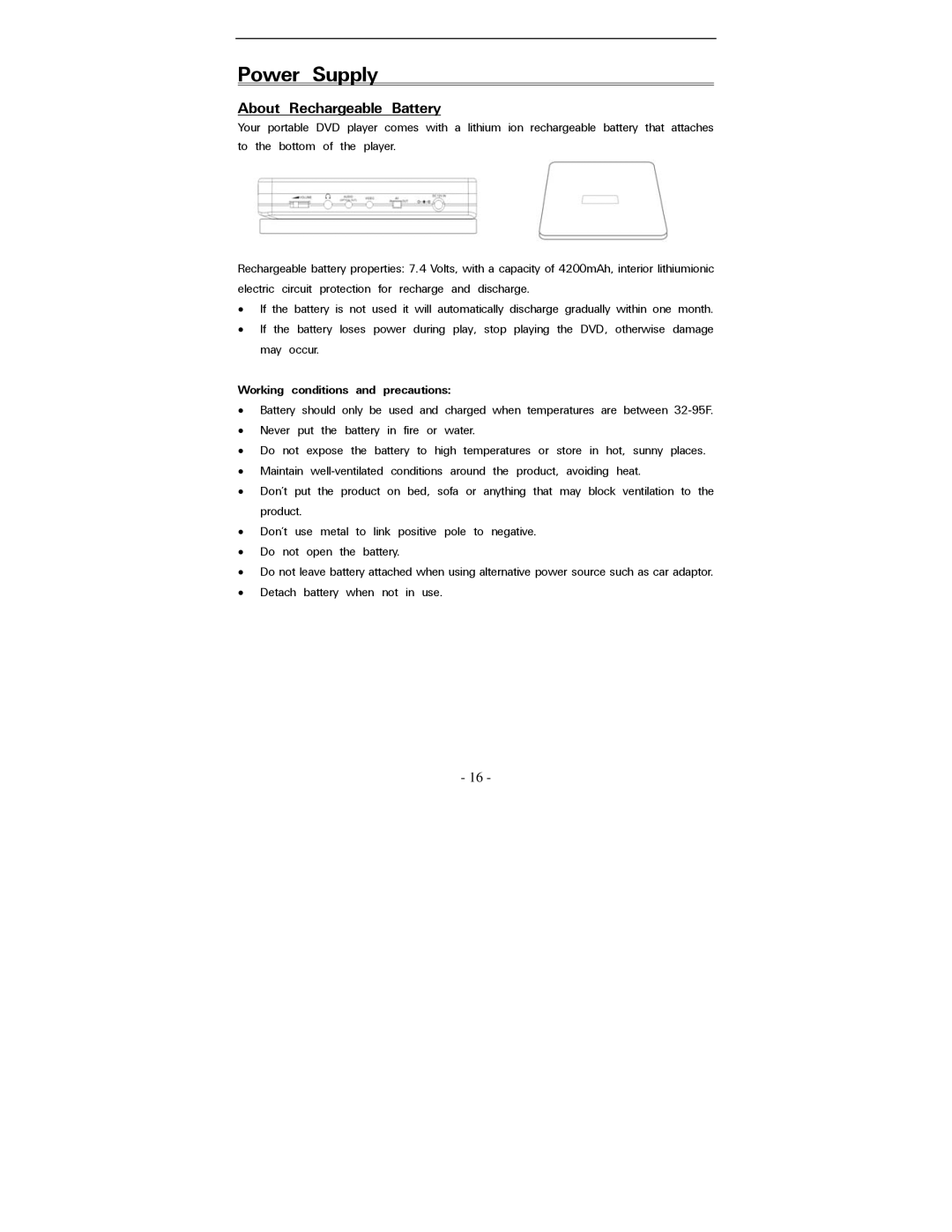 Polaroid PDV-0823A operation manual Power, Battery, Working conditions and precautions 