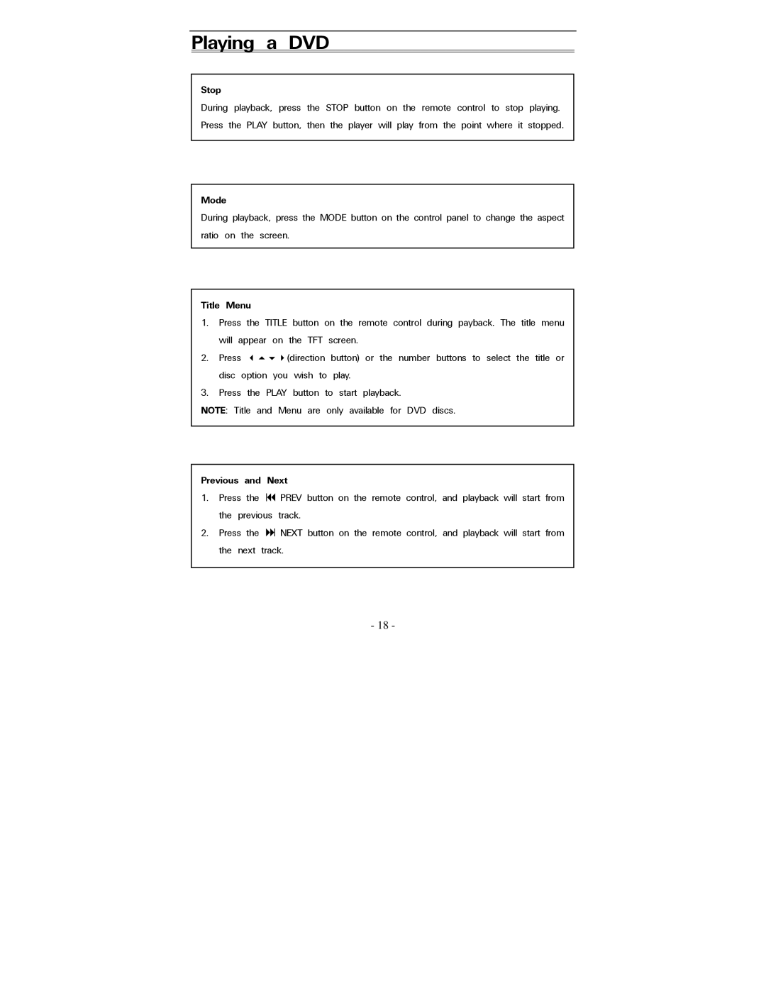 Polaroid PDV-0823A operation manual Stop, Mode, Title Menu, Next 