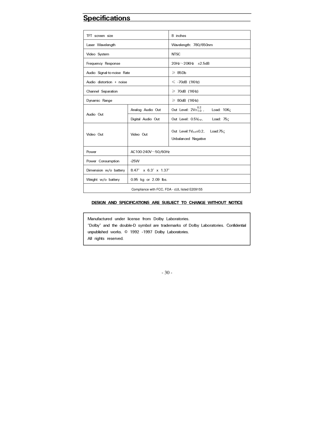 Polaroid PDV-0823A operation manual Specifications, Ntsc 