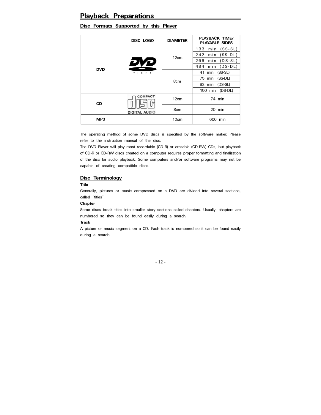 Polaroid PDV-088PT operation manual Playback, Disc Formats Supported by this Player, Disc Terminology 