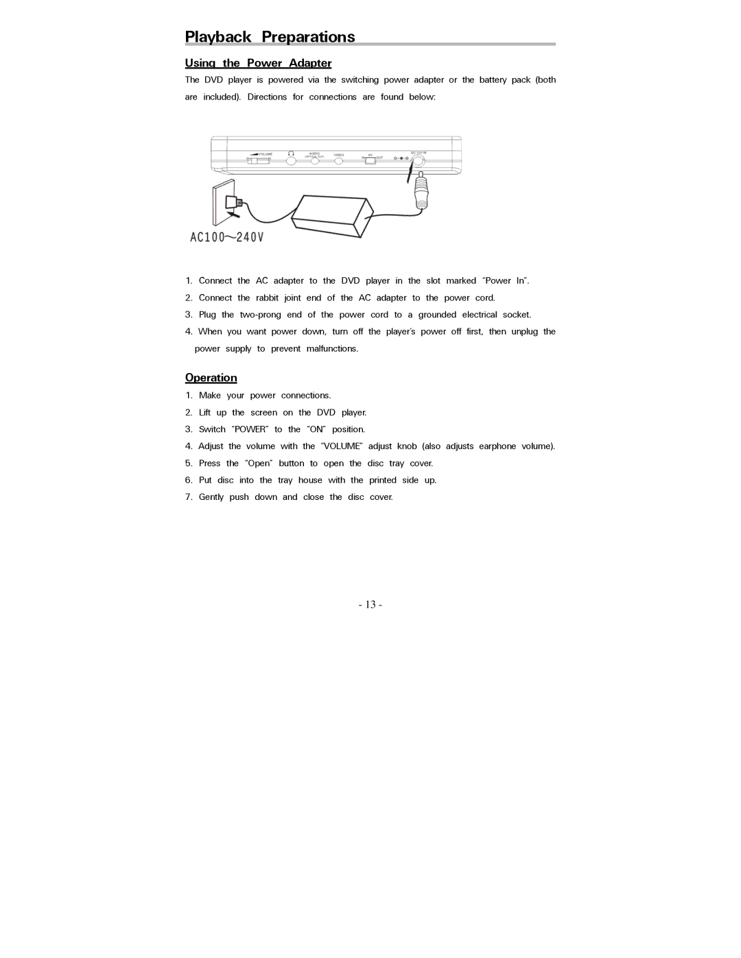 Polaroid PDV-088PT operation manual Using the Power Adapter, Operation 