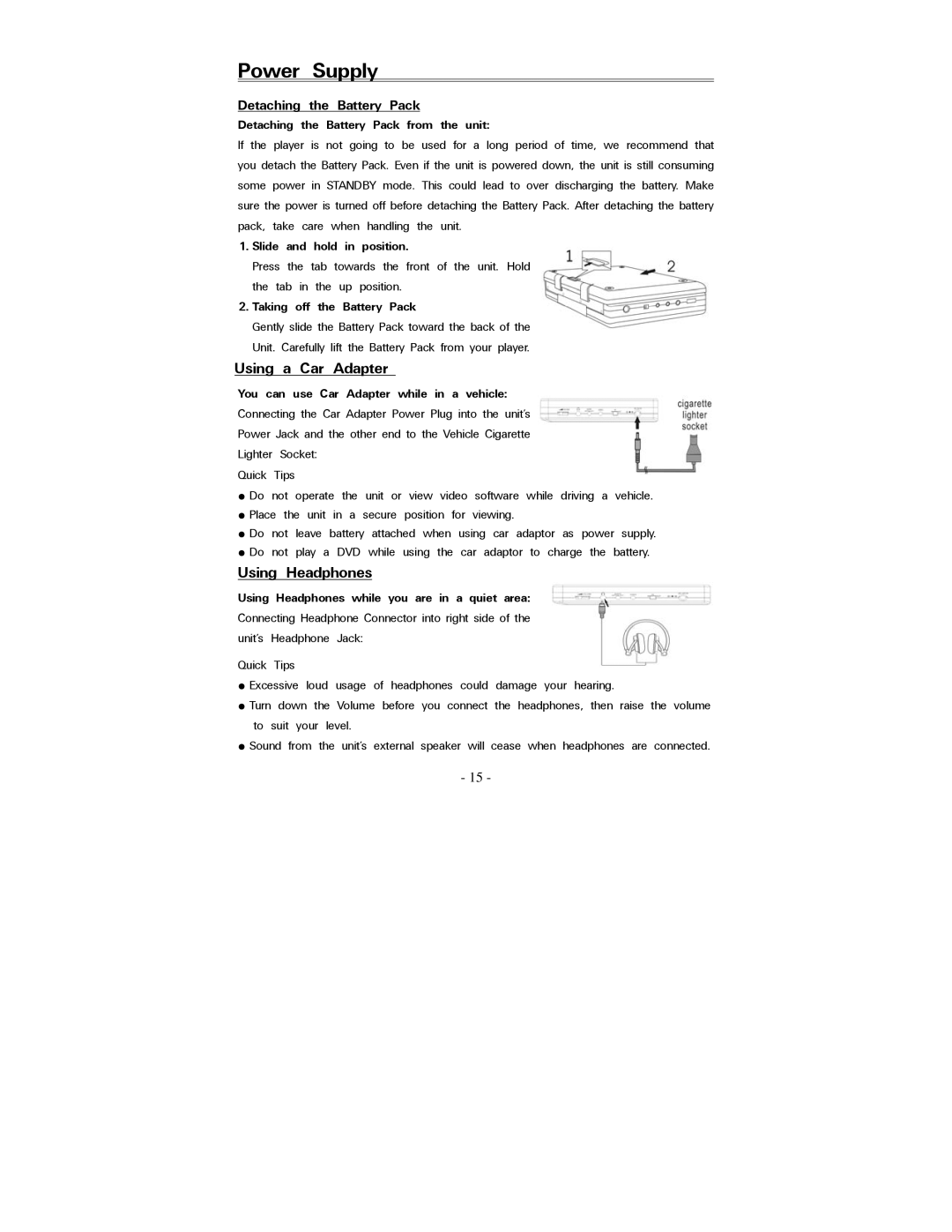 Polaroid PDV-088PT operation manual Using a Car Adapter, Using Headphones 