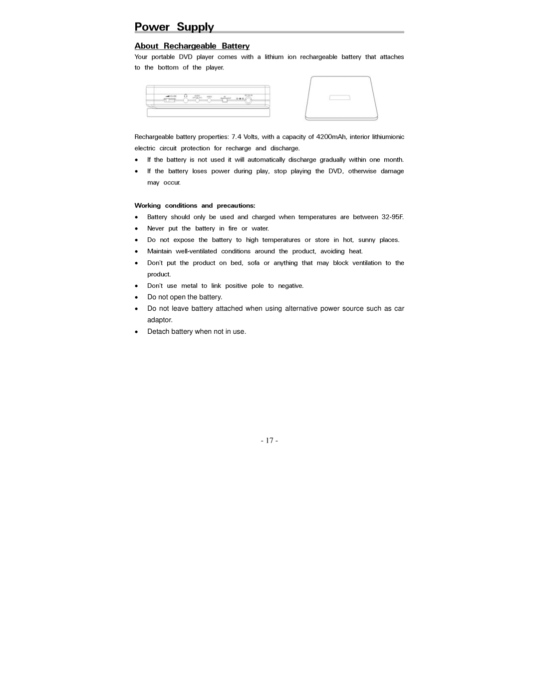 Polaroid PDV-088PT operation manual Power, Battery, Working conditions and precautions 