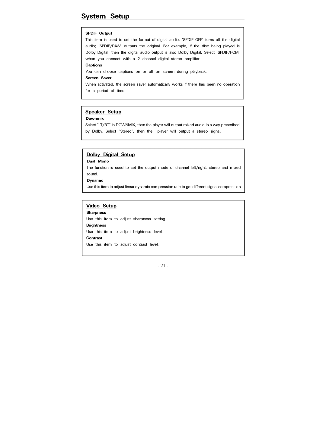 Polaroid PDV-088PT operation manual Speaker Setup, Dolby Digital Setup, Video Setup 