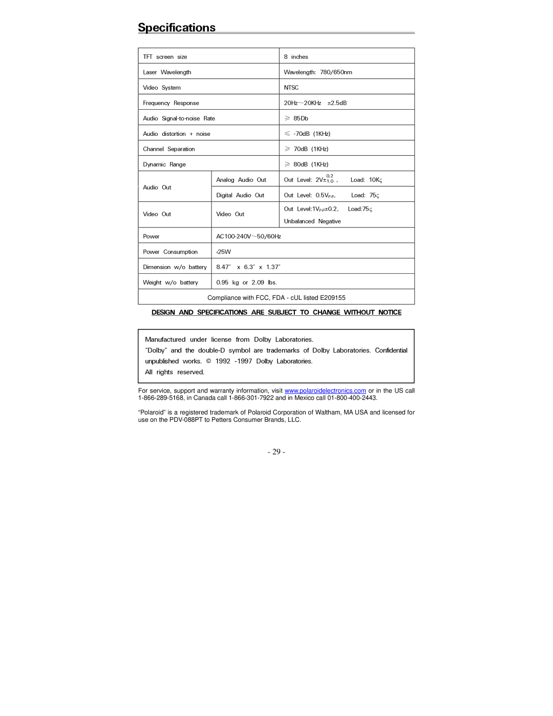 Polaroid PDV-088PT operation manual Specifications, Ntsc 