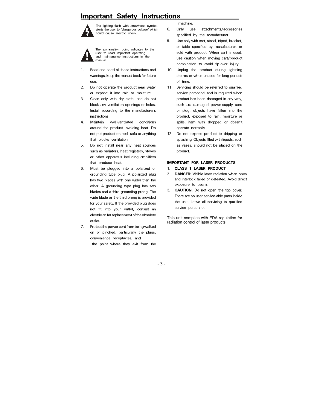 Polaroid PDV-088PT operation manual Important Safety Instructions 