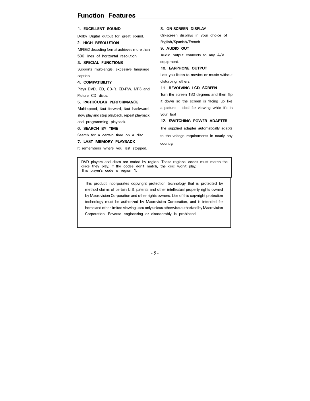 Polaroid PDV-088PT operation manual Function Features, Particular Performance 