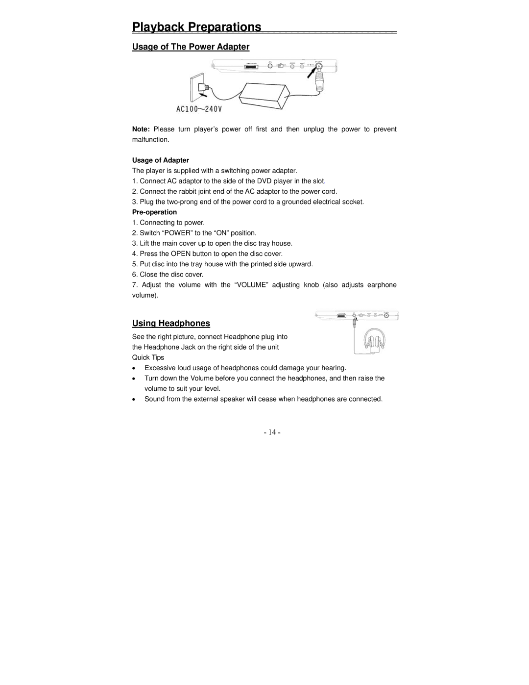 Polaroid PDV-1002A manual Usage of The Power Adapter, Using Headphones, Usage of Adapter, Pre-operation 